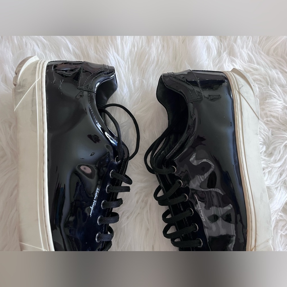 Salvatore Ferragamo Men’s 11.5 Cube 2 Black Patent Leather Sneakers - Picture 12 of 16